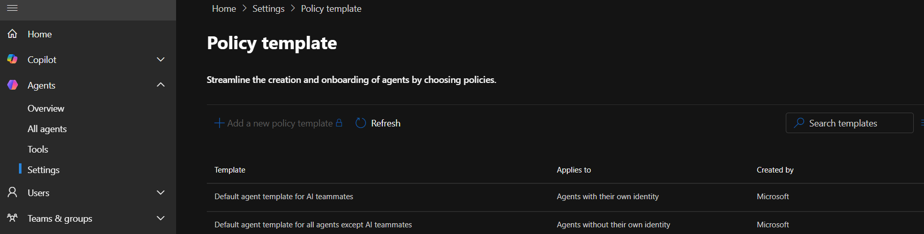 Agent policy template configuration in Microsoft 365 Admin Center