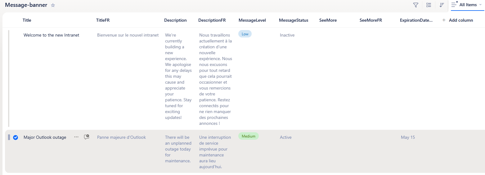 MessageBanner list showing full column schema