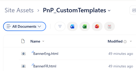 Site Assets folder showing BannerEng.html and BannerFR.html