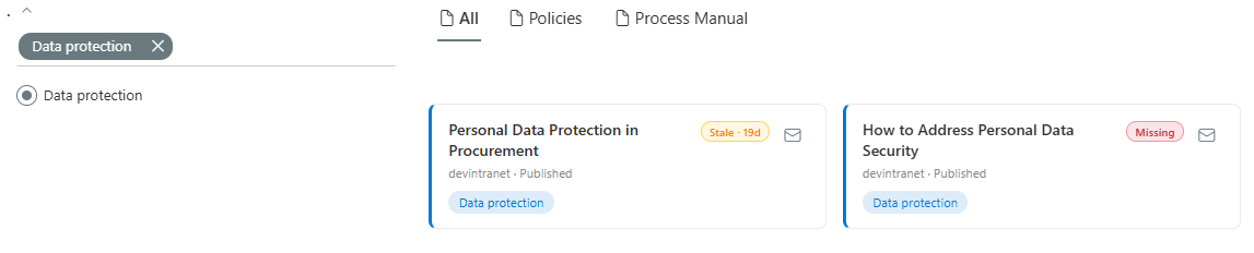 Clicking a taxonomy pill on a search result card pre-selects the matching checkbox in the Filters web part and reloads the filtered results