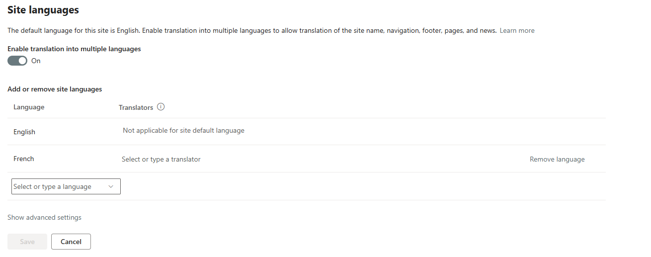 Language Settings page with French added as a working language