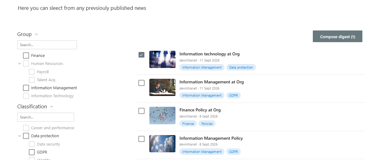 News digest rollup layout, showing a checkbox on each article row and a persistent Compose digest trigger