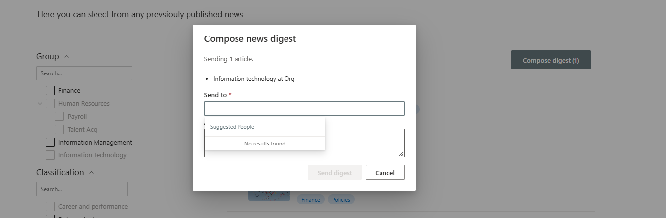 Compose digest dialog with a multi-recipient People Picker and an optional intro note
