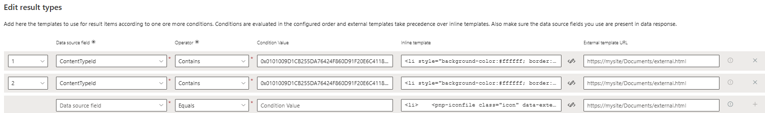 Result types configuration mapping content types to their corresponding card templates