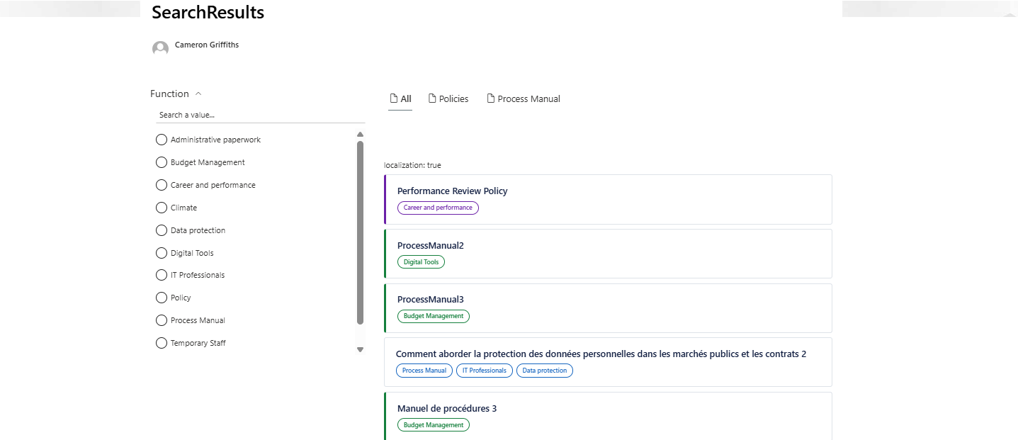 Finished search page showing All vertical with mixed content types, purple/green/base cards, Topic filter panel, and search verticals