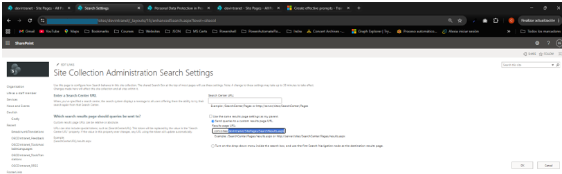 Search Settings page showing the Site Search Results Page and Site Collection Search Results Page URL fields