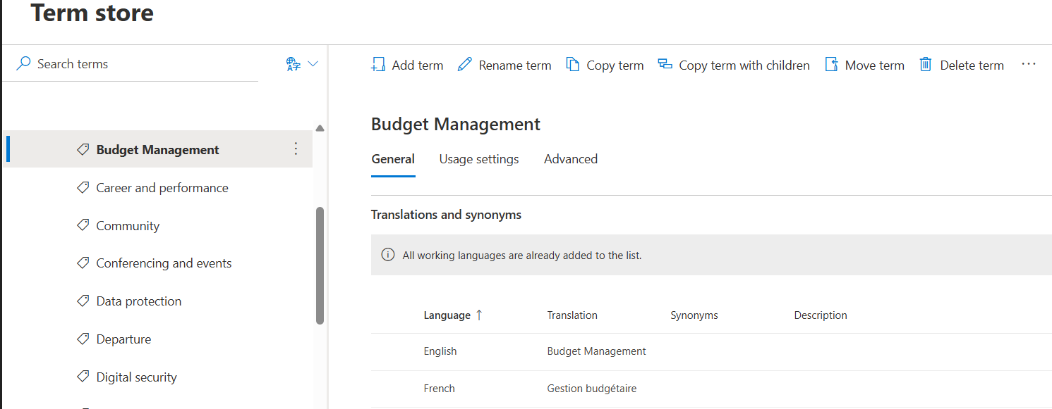 Term Store showing a term with English and French translations side by side
