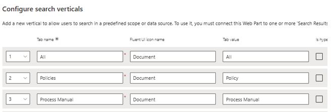 Web part connections configuration panel, showing Search Results connected to Search Filters and Search Verticals