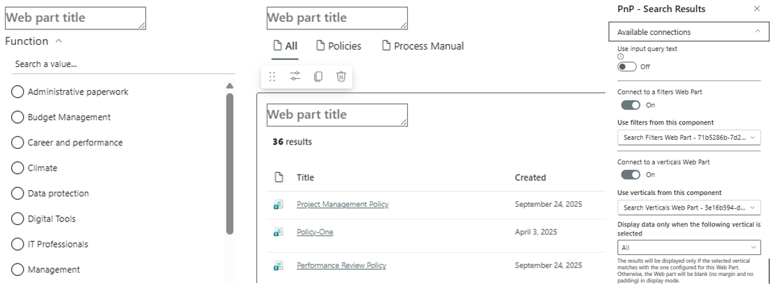 The three web parts added to the page, showing verticals across the top, filters down the left, and results in the main column