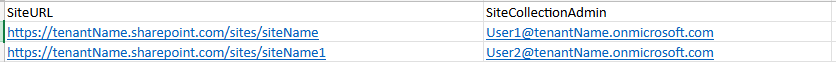 CSV file format showing SiteURL and SiteCollectionAdmin columns