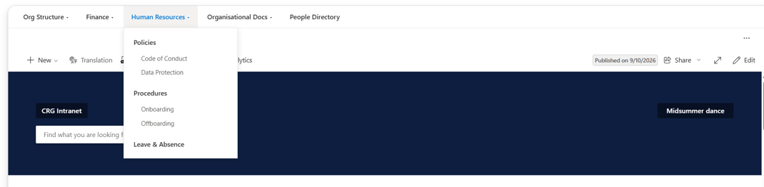 Custom mega menu rendered at the top of a SharePoint page, with a flyout open showing second- and third-level navigation items