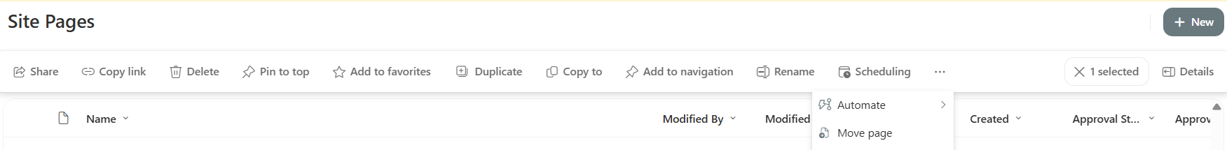 Site Pages command bar showing the Move page command with a folder picker dialog open