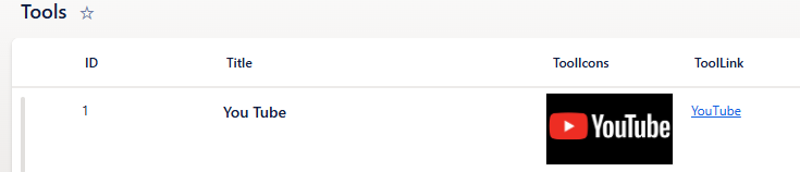 Tools SharePoint list showing columns: ID, Title, ToolIcons, ToolLink