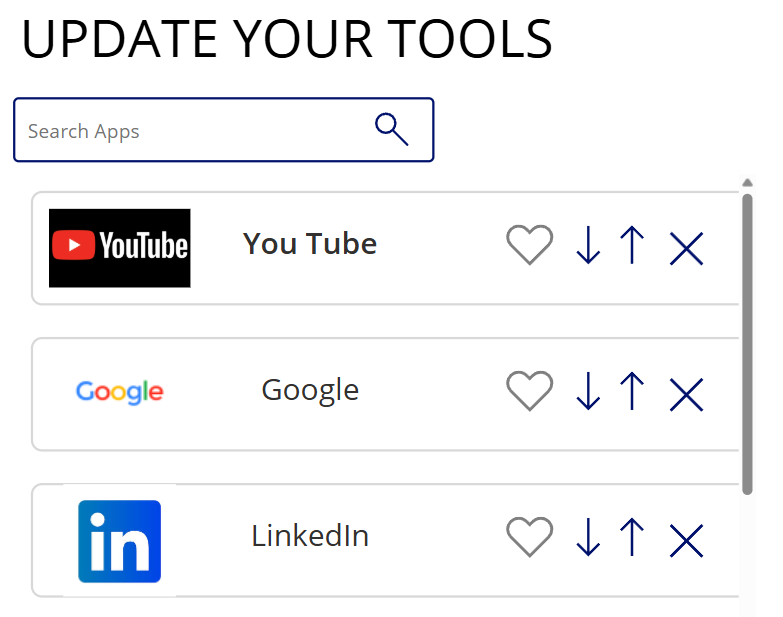 Update Your Tools screen with search box, heart, reorder and remove controls